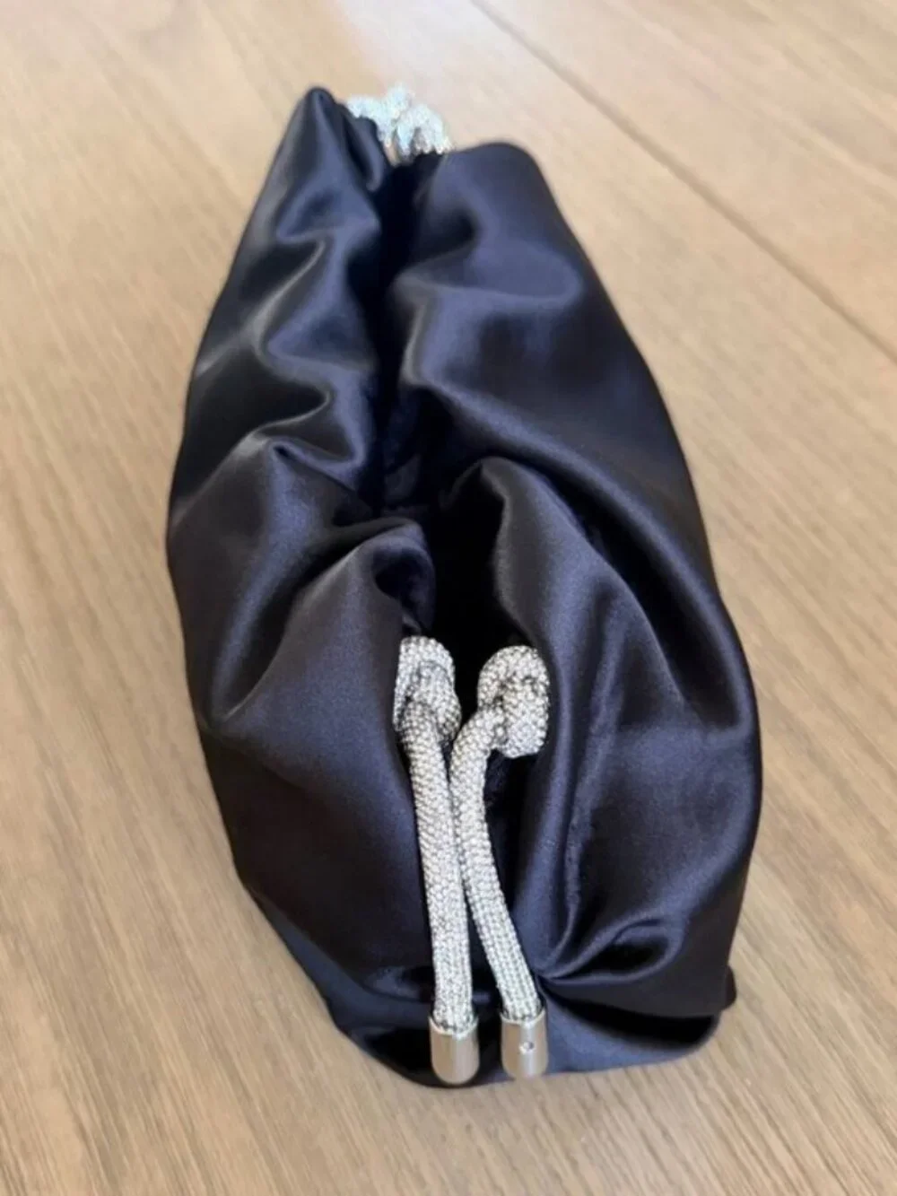 Rebecca Minkoff Tied Up Ruched Black Satin Crystal Clutch Shoulder Bag NWT